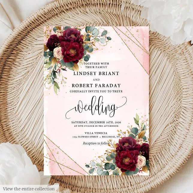 Romantic Boho Marsala Gold Blush Flowers Wedding  Invitation (Romantic Boho Marsala Gold Blush Flowers Wedding Invitation)
