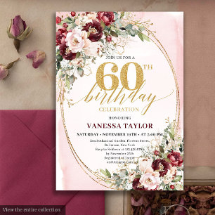 Romantic Boho Marsala Gold Floral 60th Birthday Invitation