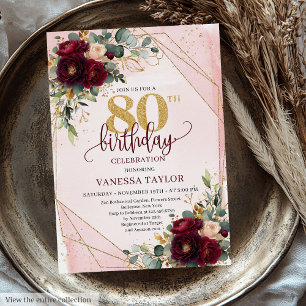Romantic Boho Marsala Gold Flowers 80th Birthday Invitation