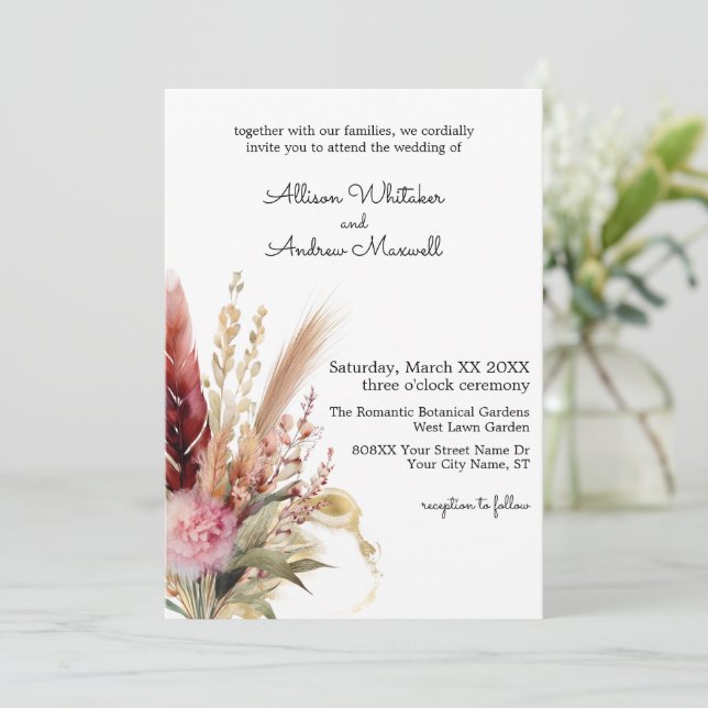 Romantic Boho Pampas Grass Wedding Invitation (Standing Front)