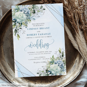 Romantic Boho Pastel Blue Silver Peonies Wedding Invitation