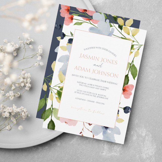Romantic Boho Pink and Blue Floral Wedding Invitation (Creator Uploaded)