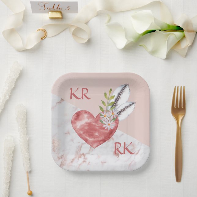 Romantic Boho Pink Heart Feathers Daisy Marble Paper Plates (Wedding)