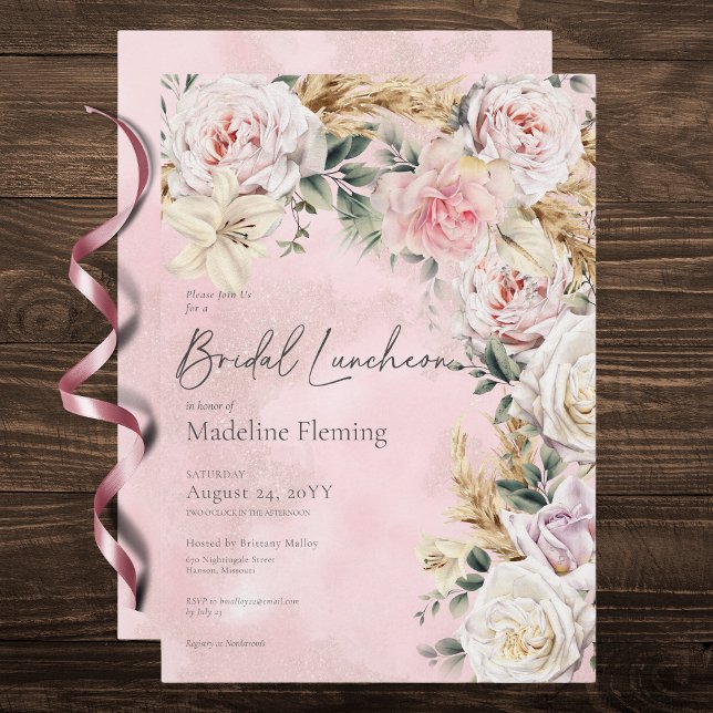 Romantic Boho Pink Roses & Pampas Bridal Luncheon Invitation (Romantic Boho Pink Roses & Pampas Bridal Luncheon Invitation)
