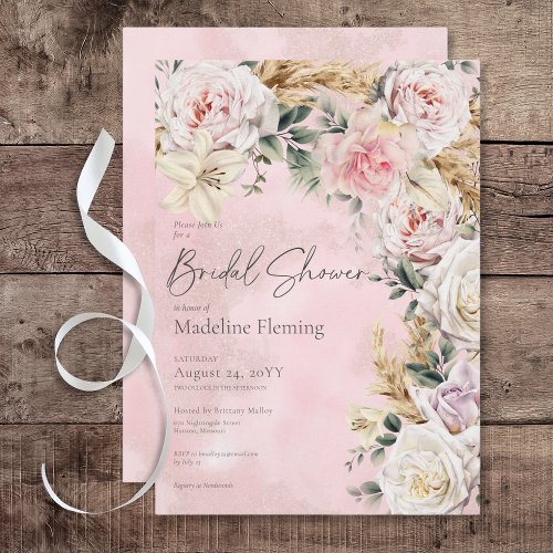 Romantic Boho Pink Roses  Pampas Bridal Shower Invitation