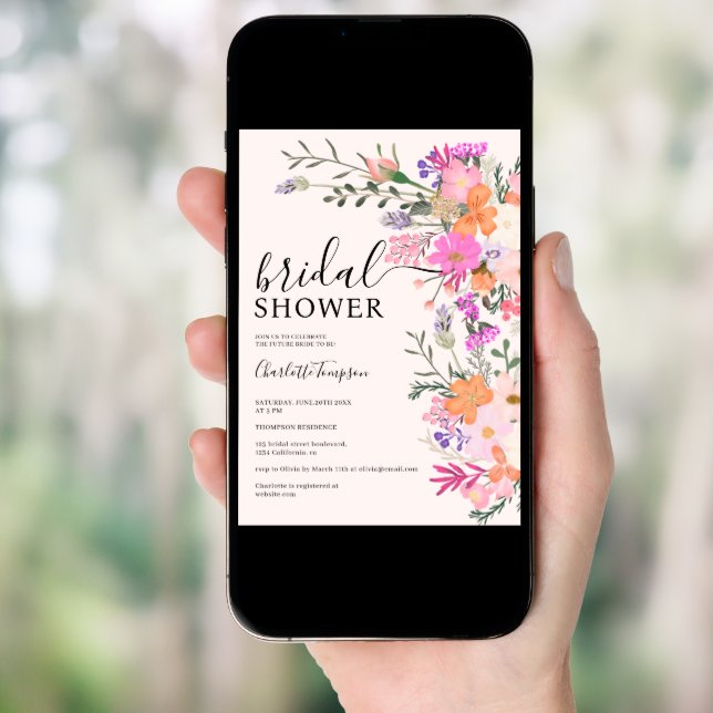 Romantic boho pink wildflower garden bridal shower invitation (Front Digital)