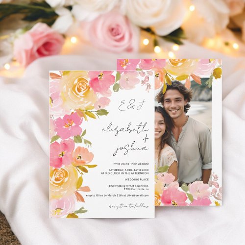 Romantic boho pink yellow floral photo wedding invitation
