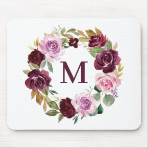 Romantic Boho Purple Fall Floral Wreath Monogram Mouse Pad