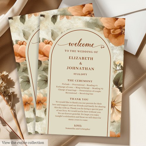 Romantic Boho Rust Ivory Olive Sage Floral Wedding Program