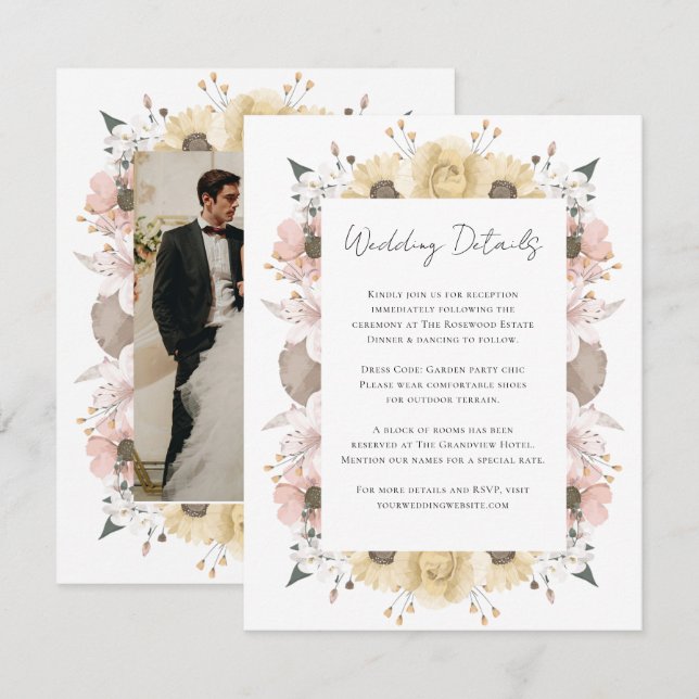 Romantic Boho Rustic Floral Neutral Photo Wedding Enclosure Card (Front/Back)