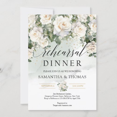 Romantic boho white roses and greenery and gold invitation