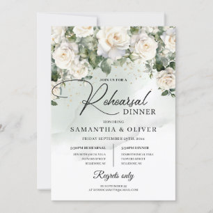 Romantic boho white roses and greenery faux gold invitation
