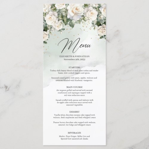 Romantic boho white roses and greenery gold dinner menu