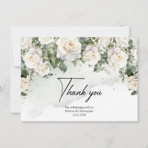 Romantic boho white roses and greenery & gold thank you card