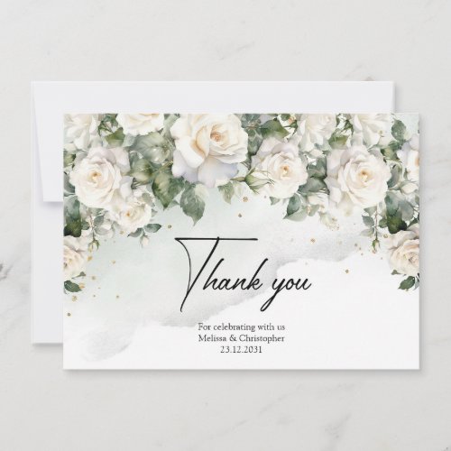 Romantic boho white roses and greenery  gold thank you card