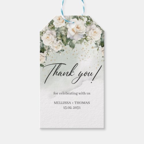 Romantic boho white roses and greenery wedding gift tags