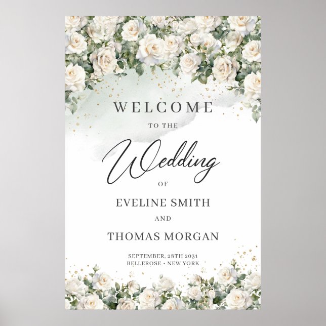 Romantic boho white roses and greenery wedding poster (Front)