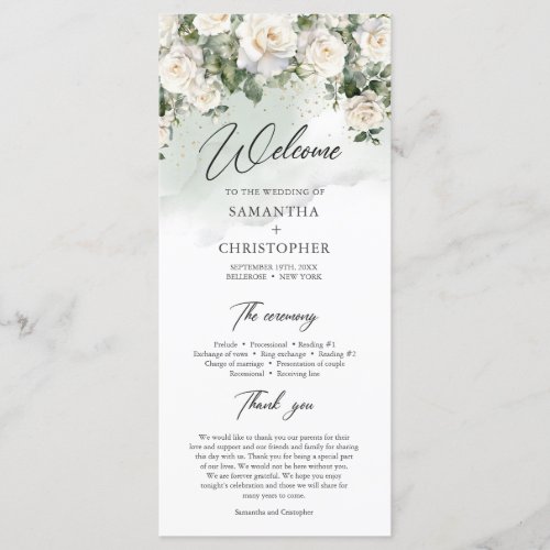 Romantic boho white roses and greenery wedding program