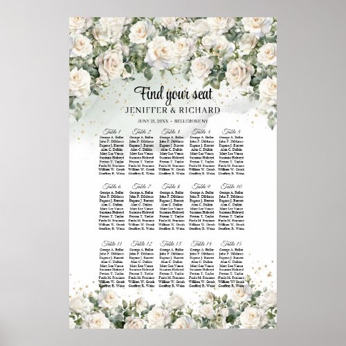 Romantic boho white roses greenery wedding seating poster