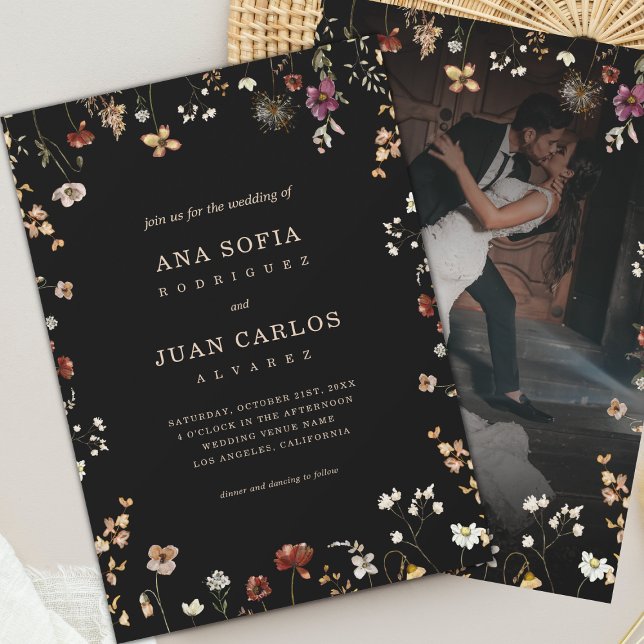 Romantic Boho Wildflower Garden Photo Dark Wedding Invitation (Creator Uploaded)