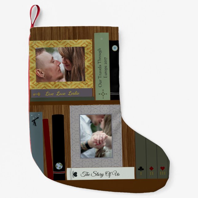 Romantic Book Lover Book Shelf Personalized Small Christmas Stocking (Front)