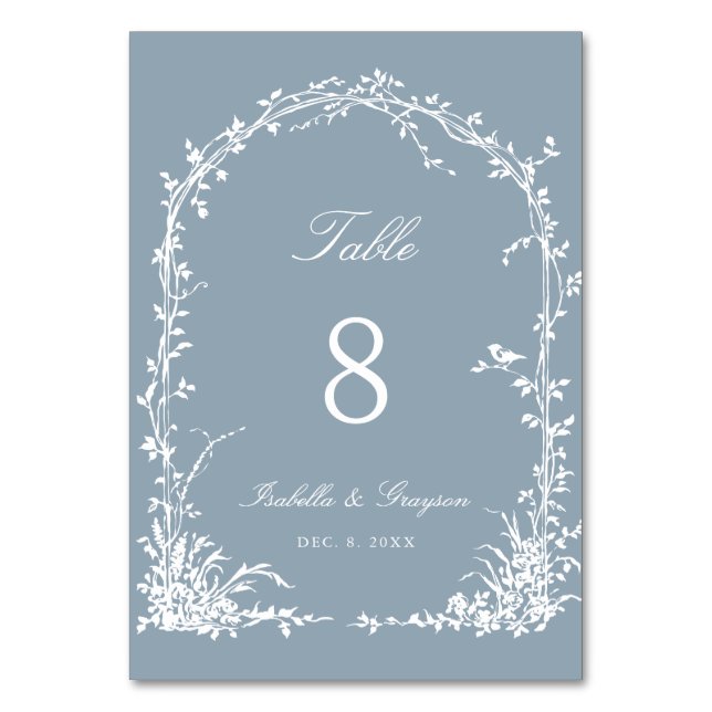 Romantic Botanical Arch Garden Wedding Dusty Blue Table Number (Front)