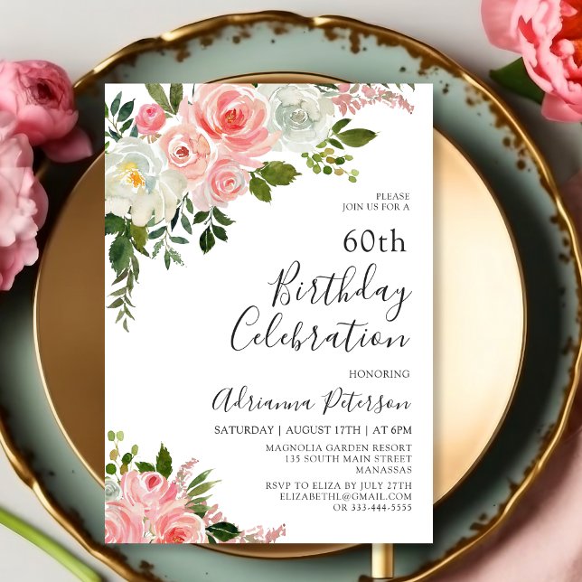 Romantic Botanical Blush Rose Floral 60th Birthday Invitation (Creator Uploaded)