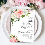 Romantic Botanical Blush Rose Floral 70th Birthday Invitation<br><div class="desc">Elegant Modern Romantic Blush Pink Watercolor Rose Floral 70th (or any age) Birthday Party Invitations. Celebrate in style with our stylish seventy, (seventieth) birthday party invitations. Featuring a beautiful botanical garden floral design with blush pink and white watercolor roses, these sophisticated invitations showcase stylish calligraphy and typography. The charming arrangement...</div>