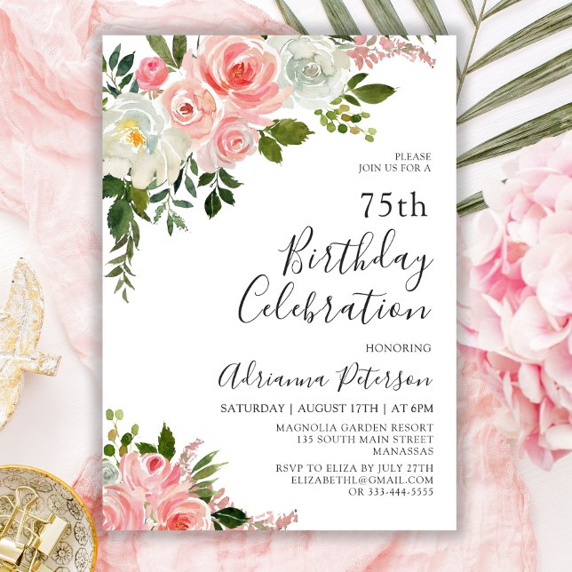 Romantic Botanical Blush Rose Floral 75th Birthday Invitation (Creator Uploaded)