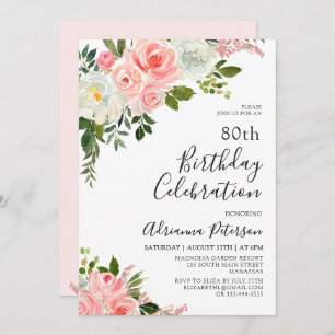 Romantic Botanical Blush Rose Floral 80th Birthday Invitation