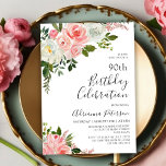Romantic Botanical Blush Rose Floral 90th Birthday Invitation<br><div class="desc">Elegant Modern Romantic Blush Pink Watercolor Rose Floral 90th (or any age) Birthday Party Invitations. Celebrate in style with our stylish ninety, (or ninetieth) birthday party invitations. Featuring a beautiful botanical garden floral design with blush pink and white watercolor roses, these sophisticated invitations showcase stylish calligraphy and typography. The charming...</div>