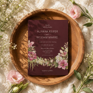Romantic Botanical Burgundy Floral Wedding Invitation