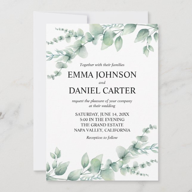 Romantic Botanical Eucalyptus Greenery Wedding Invitation (Front)