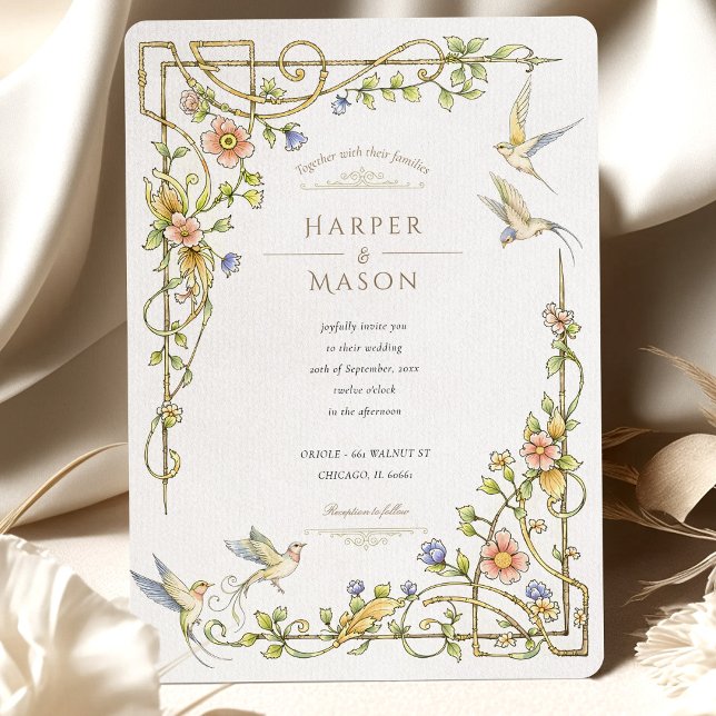 Romantic Botanical Floral & Bird Wedding Invitation (Creator Uploaded)