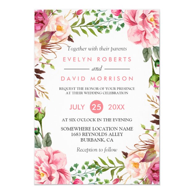 Romantic Botanical Pink Floral Wedding Celebration Invitation