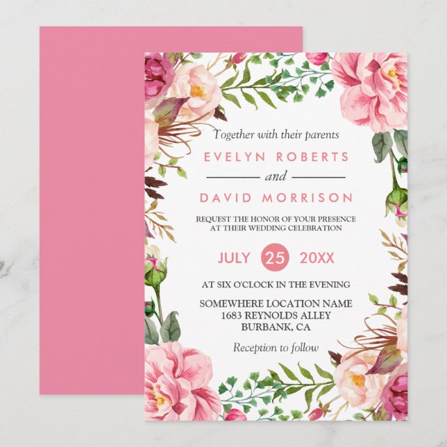 Romantic Botanical Pink Floral Wedding Celebration Invitation (Front/Back)