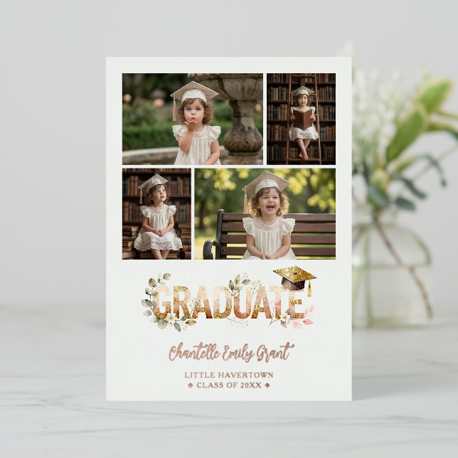 Romantic Botanical Pre-K Graduation 5-Photo Foil Invitation (Standing Front)