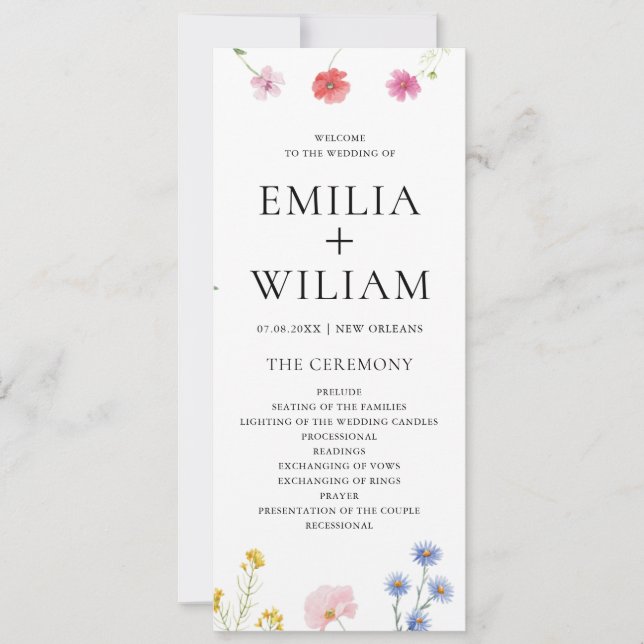 Romantic Botanical Wildflower Wedding Program Card (Front)
