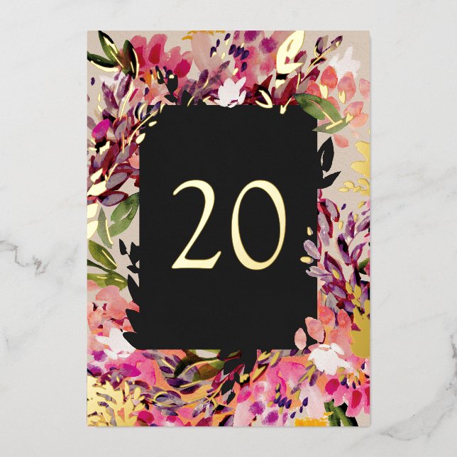 Romantic Bouquet Hot Pink Black Gold Table Number (Front)