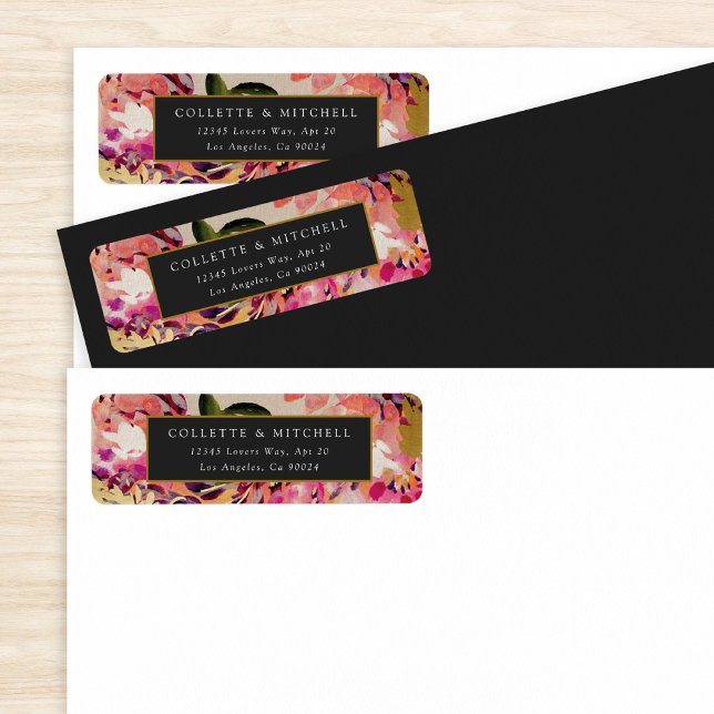 Romantic Bouquet Hot Pink Black Gold Wedding Label (Creator Uploaded)