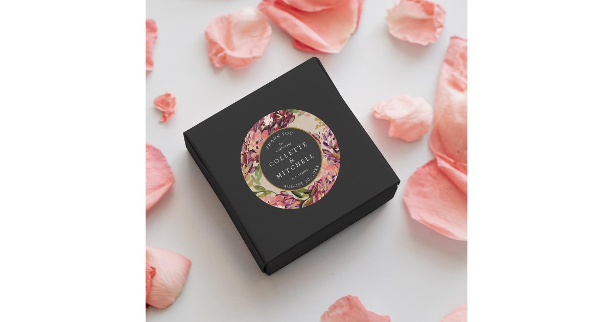 Romantic Bouquet Hot Pink Black Wedding Classic Round Sticker | Zazzle
