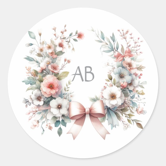 Romantic Bow Floral Baby Shower Monogram Classic Round Sticker (Front)