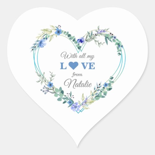 Romantic Bridal Shower Blue Floral Watercolor Heart Sticker