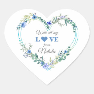 Romantic Bridal Shower Blue Floral Watercolor Heart Sticker