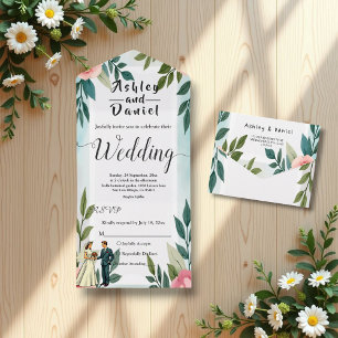 Romantic Bride And Groom Watercolor Floral Wedding All In One Invitation
