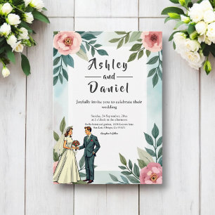 Romantic Bride And Groom Watercolor Floral Wedding Invitation