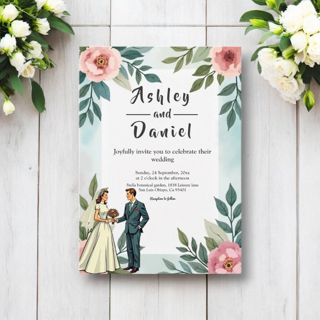 Romantic Bride And Groom Watercolor Floral Wedding Invitation (Creator Uploaded)