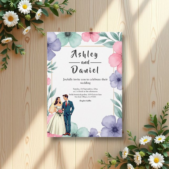 Romantic Bride And Groom Watercolor Floral Wedding Invitation (Creator Uploaded)
