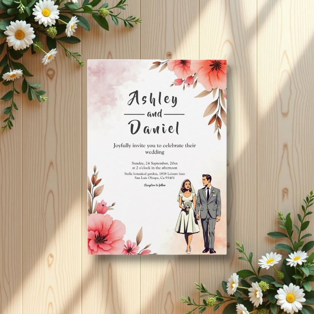 Romantic Bride And Groom Watercolor Floral Wedding Invitation (Creator Uploaded)