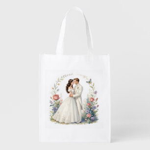 Romantic Bride Groom Floral Elegant Wedding Couple Grocery Bag